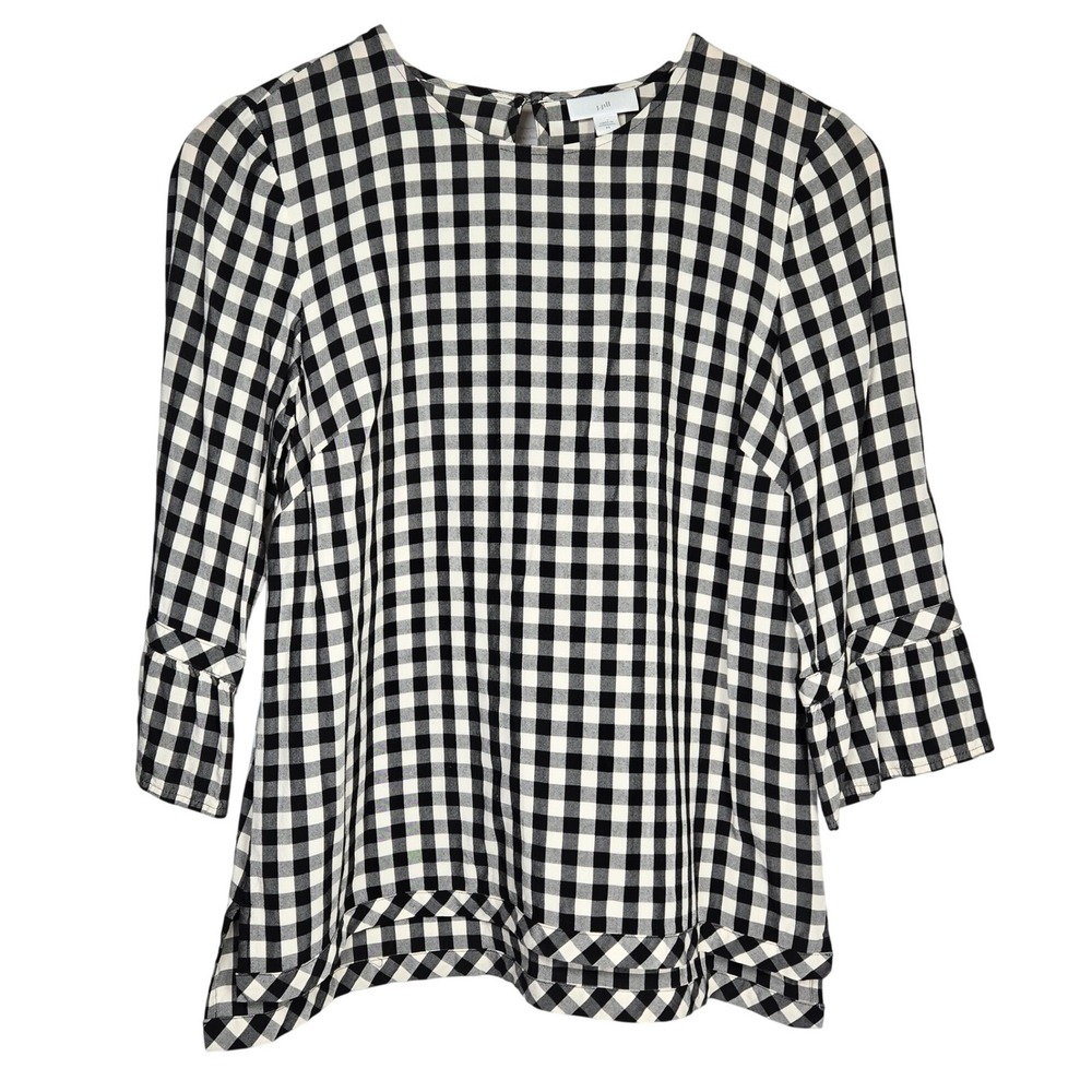 J Jill Gingham Check Bell‎ Sleeve Blouse Black White Rayon XS WTP149351